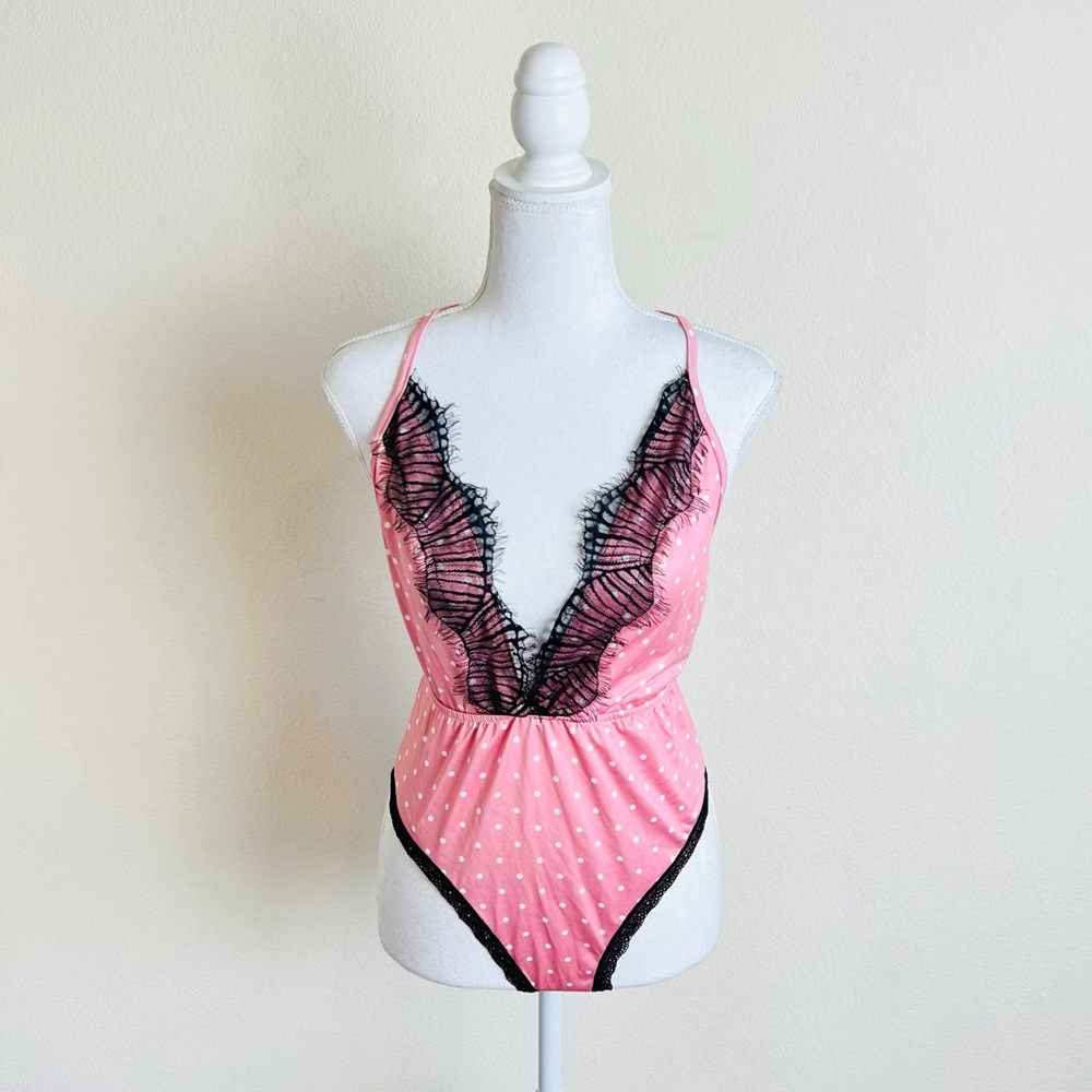 Pink Dot Black Lace Criss Cross V-Neck Bodysuit Sleep Pajama Onesie
